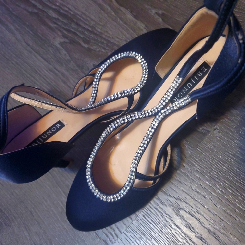 ERIJUNOR Navy Blue Diamond Studded Heels